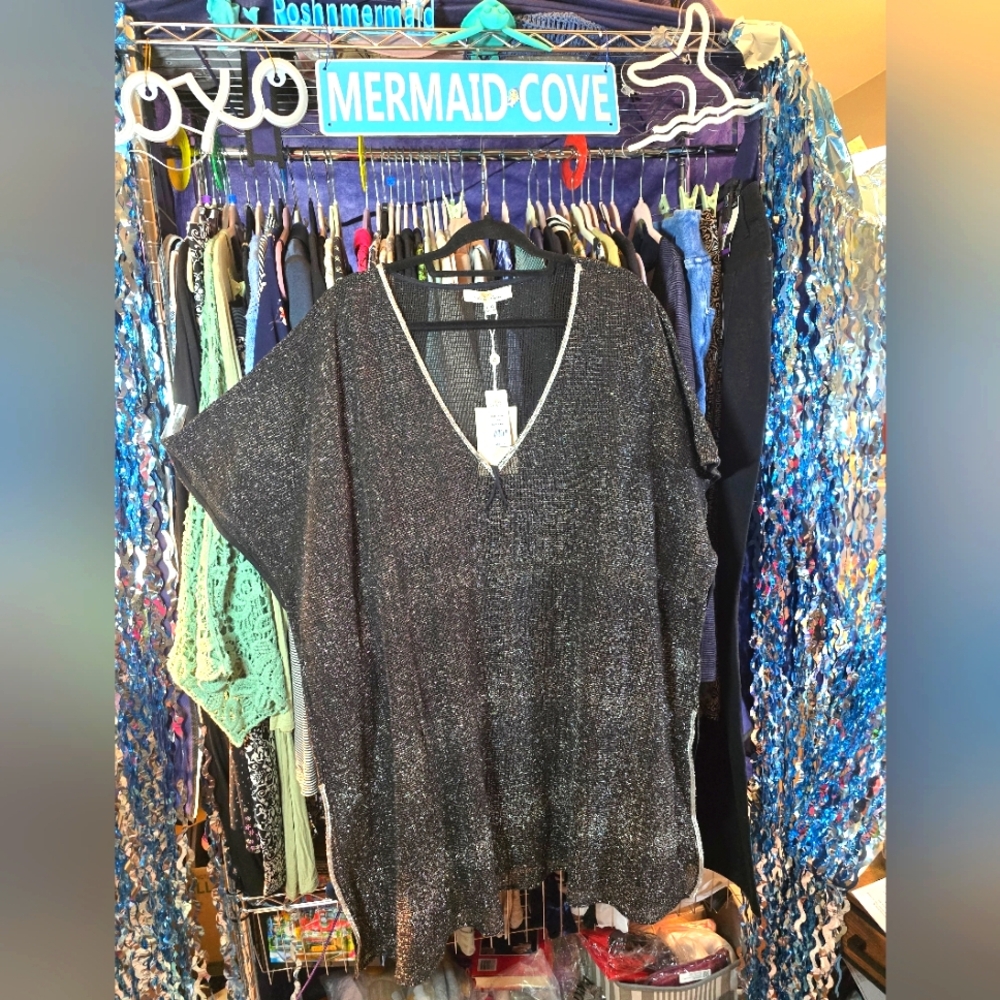 L/XL🧜‍ NWT TURKS & CAICOS Black/Silver Swim Cover-up 27"ptp 36"Long-F 35"Long-B